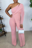 Pink Casual Elegant Solid Patchwork Asymmetrical Oblique Collar Straight Jumpsuits