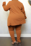 Orange Casual Solid Cardigan Pants Turn-back Collar Plus Size Two Pieces
