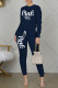 Tibetan Blue Casual Letter Print Basic O Neck Long Sleeve Two Pieces