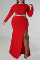 Red Sexy Formal Solid Hollowed Out Patchwork Slit Half A Turtleneck Long Sleeve Plus Size Dresses