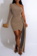 Gold Sexy Solid Patchwork One Shoulder Irregular Dress Dresses