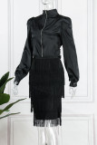 Red Elegant Solid Tassel Patchwork Turtleneck Long Sleeve Two Pieces