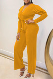 Black Casual Solid Bandage Patchwork V Neck Straight Jumpsuits
