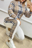 Khaki Casual Plaid Print Make Old Zipper Collar Long Sleeve Two Pieces