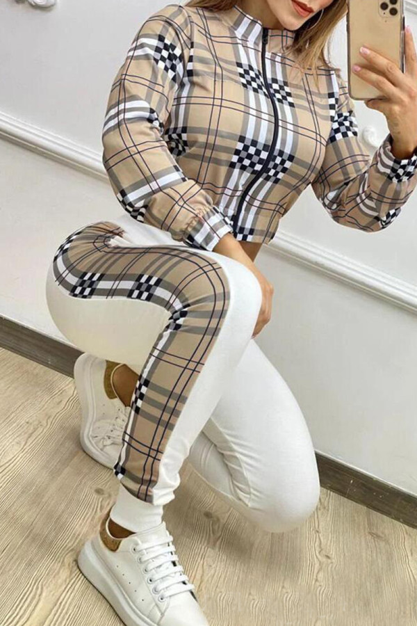 Khaki Casual Plaid Print Make Old Zipper Collar Long Sleeve Two Pieces