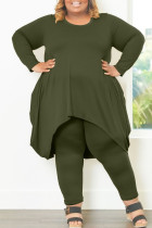 Army Green Casual Solid Patchwork Asymmetrical O Neck Plus Size Two Pieces