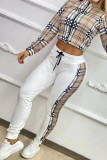 Khaki Casual Plaid Print Make Old Zipper Collar Long Sleeve Two Pieces