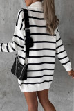 White Casual Striped Patchwork Zipper Collar Long Sleeve Dresses