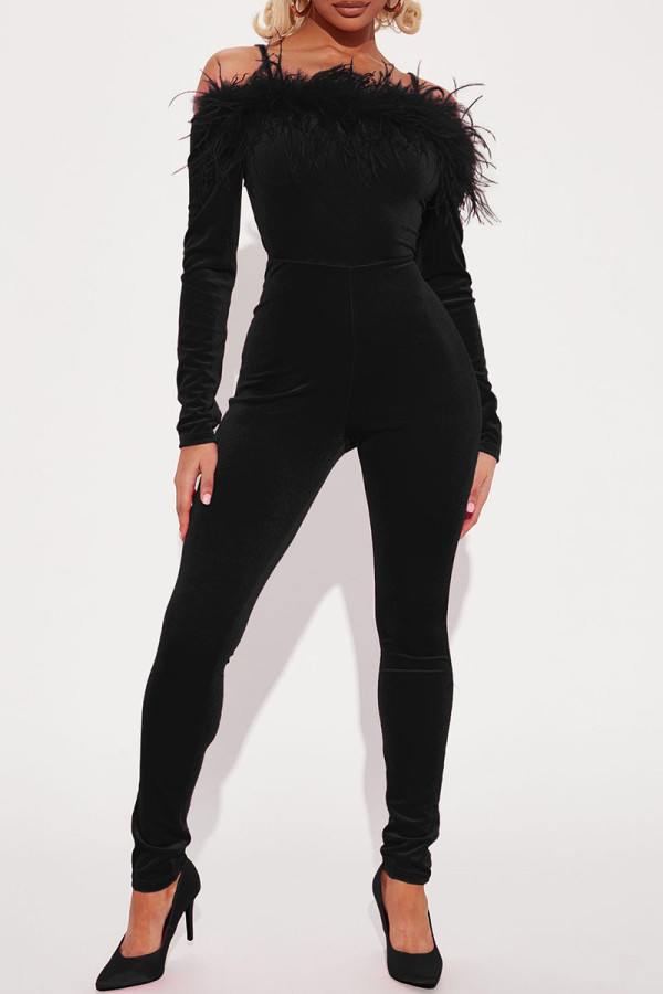 Black Sexy Solid Patchwork Feathers Off the Shoulder Skinny Jumpsuits