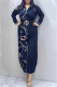 Navy Blue Elegant Print Letter Without Belt Turndown Collar Shirt Dress Dresses