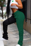 Black Green Casual Patchwork Contrast Regular High Waist Trousers