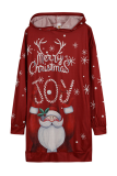 Red Street Print Patchwork Hooded Collar Straight Dresses