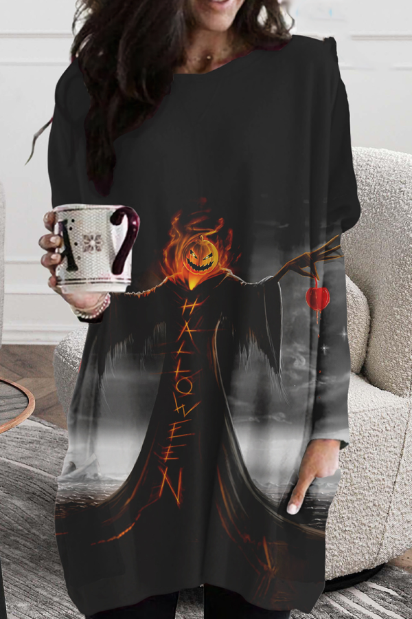 Black Street Print Patchwork O Neck Straight Dresses