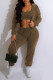 Brown Casual Solid Patchwork U Neck Long Sleeve Three Pieces