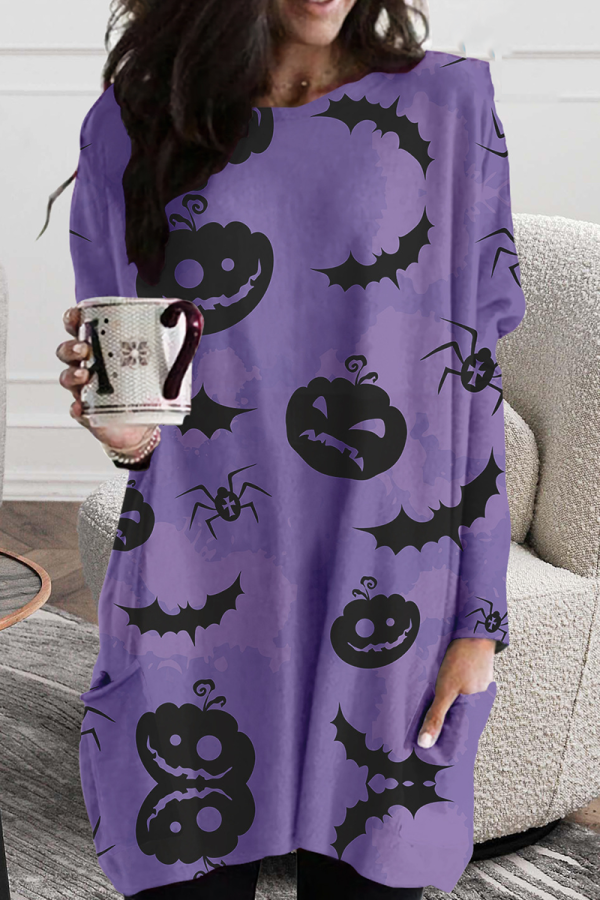 Purple Street Print Patchwork O Neck Straight Dresses