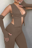 Brownness Street Solid Patchwork Square Collar Sleeveless Two Pieces
