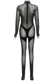 Black Sexy Solid Patchwork See-through Turtleneck Skinny Jumpsuits