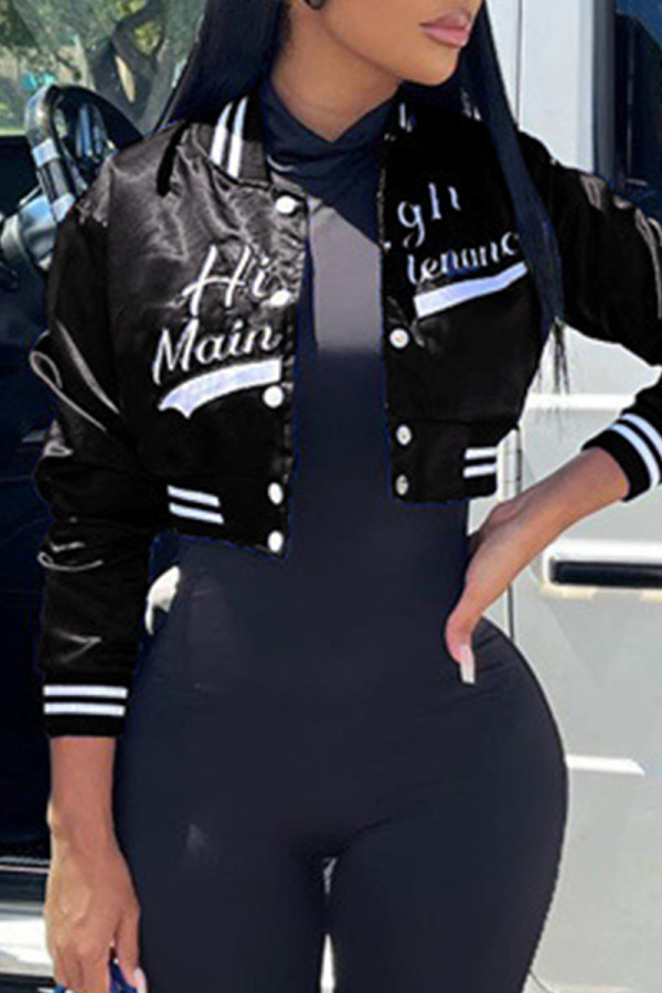 Black Casual Letter Embroidery Patchwork Conventional Collar Outerwear