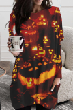 Yellow Street Print Patchwork O Neck Straight Dresses