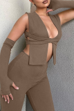 Brownness Street Solid Patchwork Square Collar Sleeveless Two Pieces