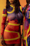 Yellow Blue Sexy Print Patchwork See-through O Neck Pencil Skirt Dresses