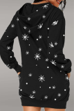 Red Street Print Patchwork Hooded Collar Straight Dresses
