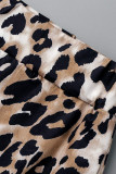 Leopard Print Sexy Print Leopard Bandage Patchwork V Neck Long Sleeve Two Pieces
