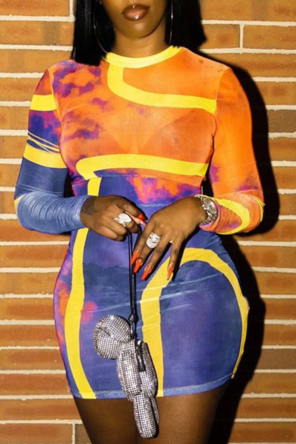 Yellow Blue Sexy Print Patchwork See-through O Neck Pencil Skirt Dresses