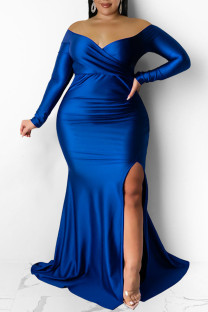 Blue Sexy Formal Solid Backless Slit Off the Shoulder Long Sleeve Plus Size Dresses