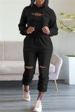 Black Casual Solid Ripped Hollowed Out Hooded Collar Long Sleeve Two Pieces