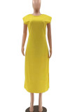 Yellow Casual Solid Patchwork O Neck Straight Dresses