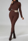 Brown Casual Solid Patchwork Basic Turtleneck Skinny Jumpsuits