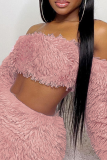 Pink Sexy Solid Patchwork Strapless Long Sleeve Two Pieces