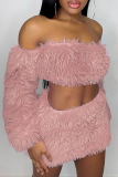 Pink Sexy Solid Patchwork Strapless Long Sleeve Two Pieces