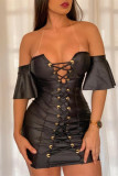 Black Sexy Solid Backless Cross Straps Off the Shoulder Short Sleeve Dress Dresses