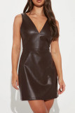 Coffee Sexy Casual Solid Patchwork V Neck Sleeveless Dress Dresses