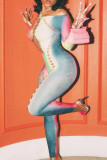 Colour Sexy Print Bandage Hollowed Out Patchwork Off the Shoulder Skinny Jumpsuits