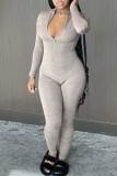 Grey Casual Solid Patchwork Zipper Zipper Collar Skinny Jumpsuits