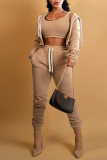 Camel Casual Solid Patchwork Hooded Collar Long Sleeve Three Pieces