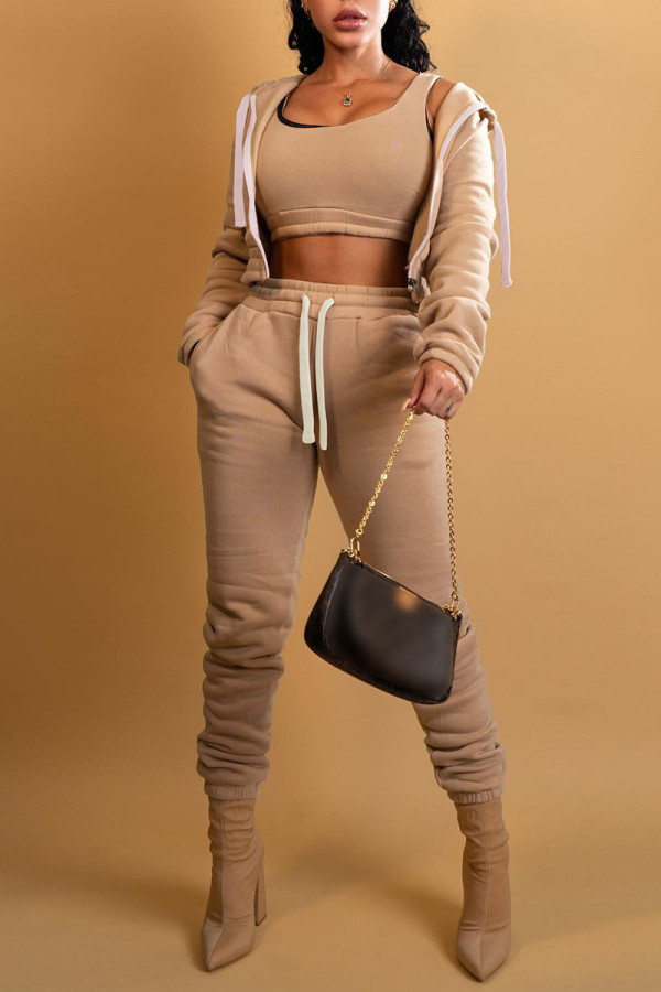 Camel Casual Solid Patchwork Hooded Collar Long Sleeve Three Pieces