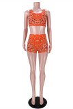 Orange Fashion Casual Print Vests U Neck Sleeveless Two Pieces