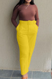 Yellow Casual Solid Patchwork With Belt High Waist Straight Solid Color Bottoms