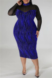 Blue Sexy Casual Print Patchwork See-through Turtleneck Long Sleeve Plus Size Dresses