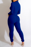 Royal Blue Casual Solid Fold Zipper Collar Skinny Jumpsuits