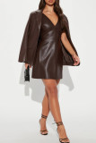Coffee Sexy Casual Solid Patchwork V Neck Sleeveless Dress Dresses