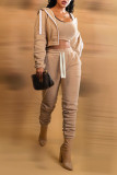 Camel Casual Solid Patchwork Hooded Collar Long Sleeve Three Pieces
