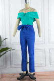 Blue Casual Solid Patchwork With Bow Off the Shoulder Straight Jumpsuits