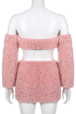 Pink Sexy Solid Patchwork Strapless Long Sleeve Two Pieces