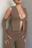Brownness Street Solid Patchwork Square Collar Sleeveless Two Pieces