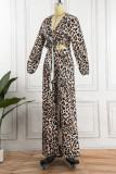 Leopard Print Sexy Print Leopard Bandage Patchwork V Neck Long Sleeve Two Pieces